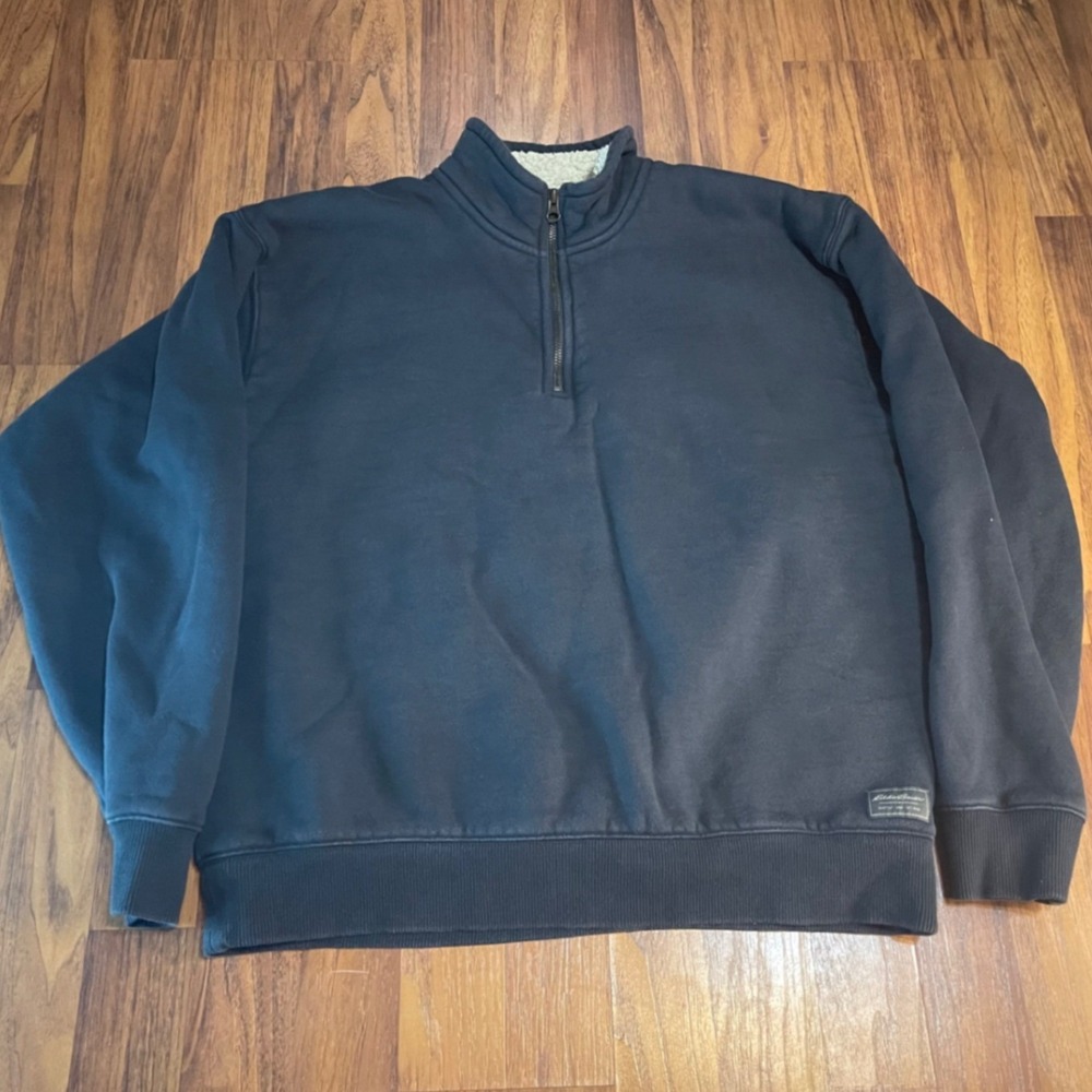 Eddie Bauer Mens M Quarter Zip Sweatshirt Navy Blue Sherpa Lined Collar Cotton